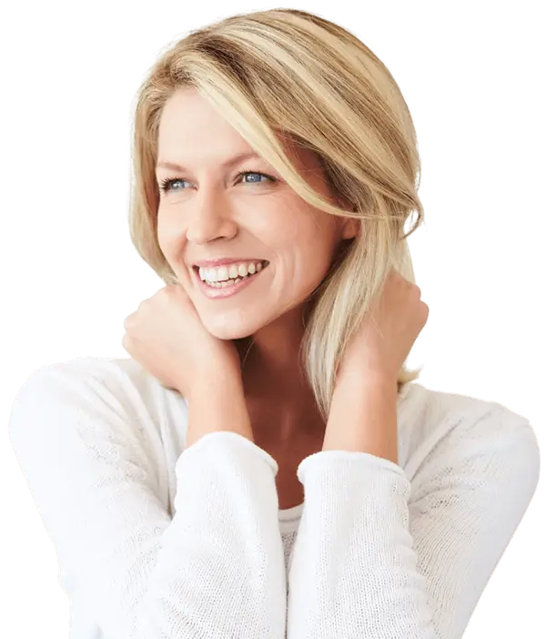 Middle-aged woman with blonde hair smiling and looking to the side | Aesthetics & Wellness | Wellness Marketplace Spa